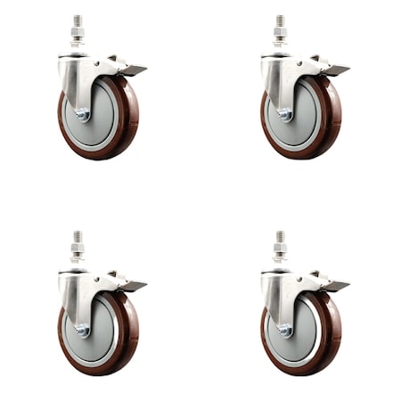 Service Caster 5 Inch 316SS Maroon Polyurethane Swivel 10mm Stem Caster Set Lock Brake SCC SS316TSTTL20S514-PPUB-MRN-M1015-4